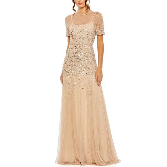 Mac Duggal WomensHigh Neck Sequin Embellished A-Line Gown Grey